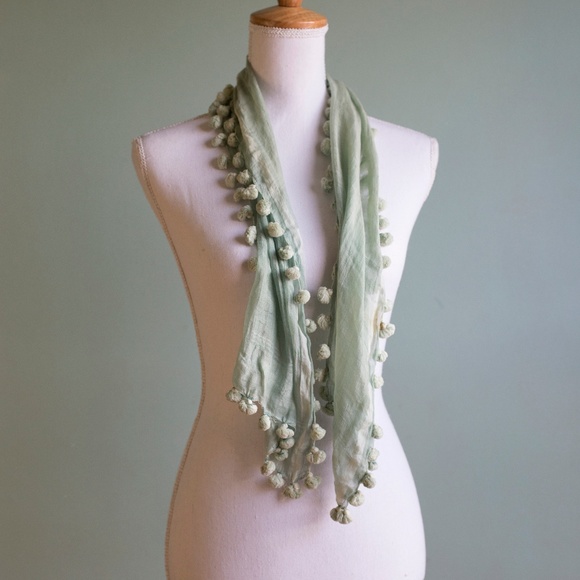 Matta 50/50 Silk and Cotton Mint Green Pom Scarf - Picture 2 of 4